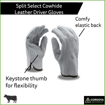 Cordova 7800M Select Split Leather Driver Gloves, Unlined, Shirred Elastic Back, Keystone Thumb, Gray